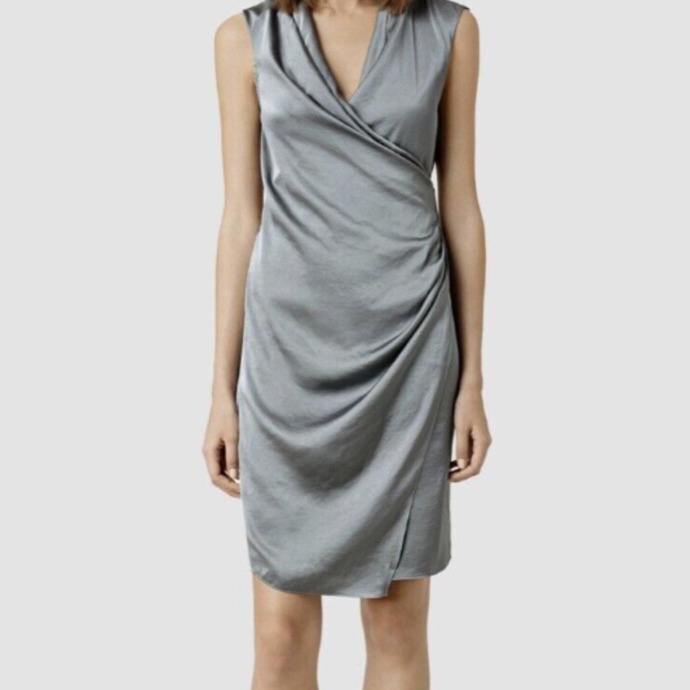 All Saints Arina Dress in Silvery Grey Japanese Cloth, size 0